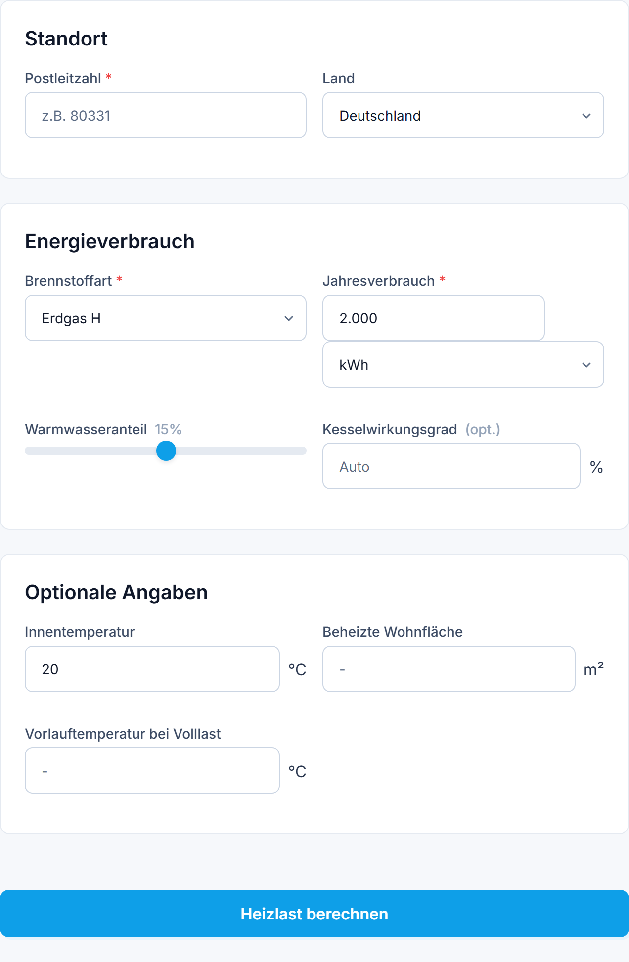 Screenshot des Verbrauchsheizlast-Rechners