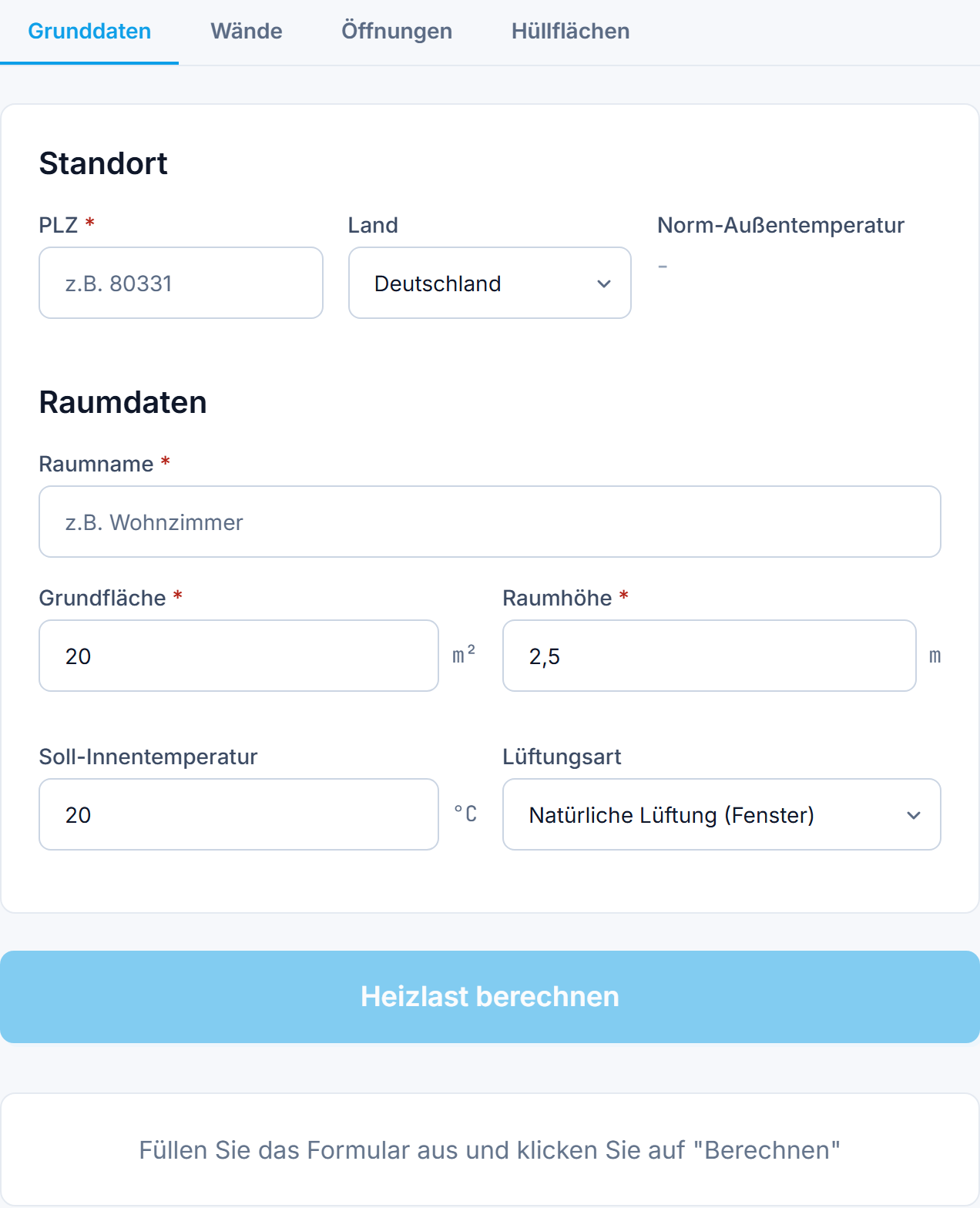 Screenshot des Raumheizlast-Rechners