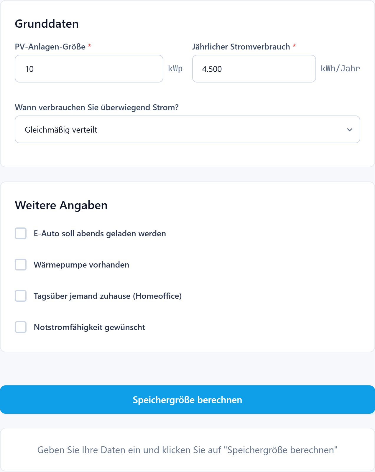 Screenshot des Solarspeicher-Rechners