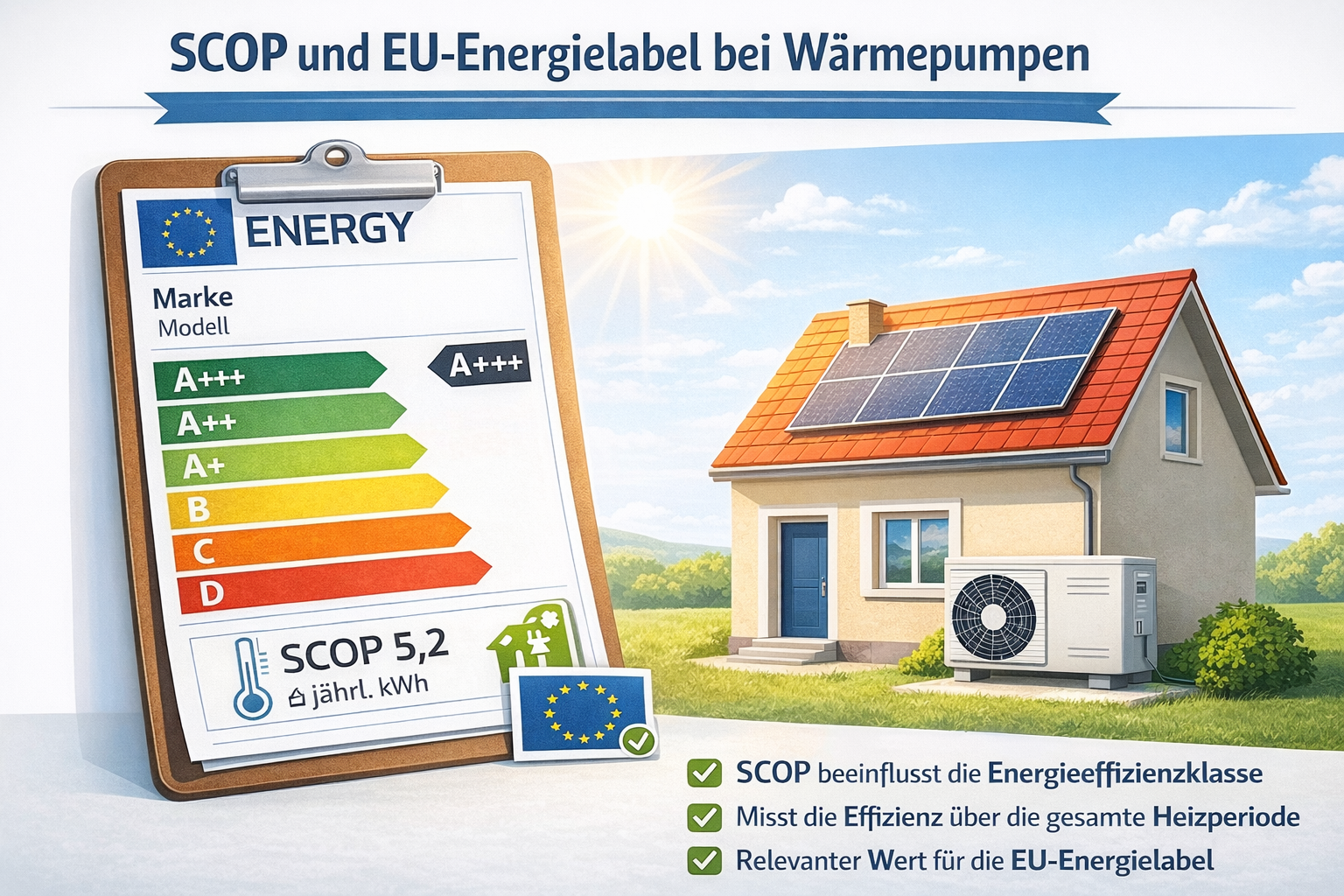 EU-Energielabel einer Wärmepumpe mit SCOP-Angabe